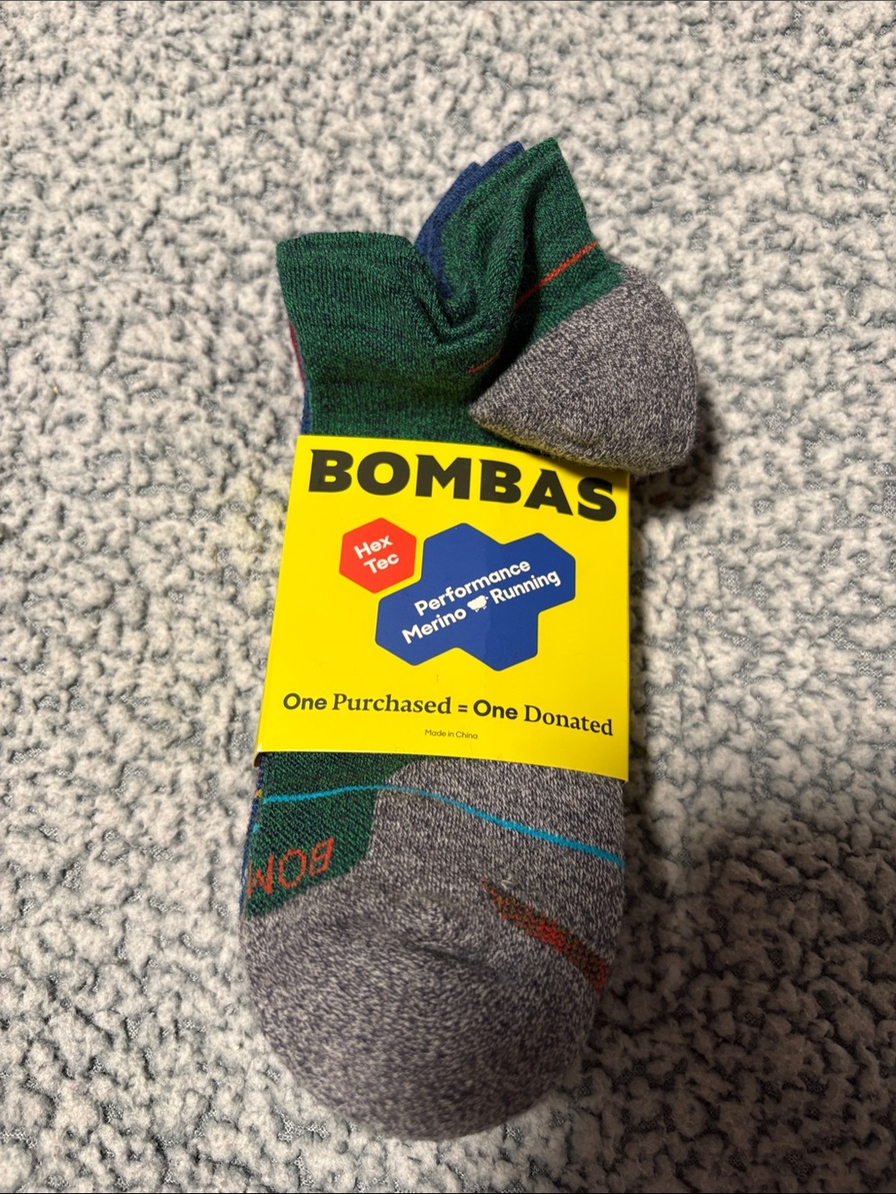 Bombas Performance Merino Socks — Green, Red & Blue with Gray Trim - Large